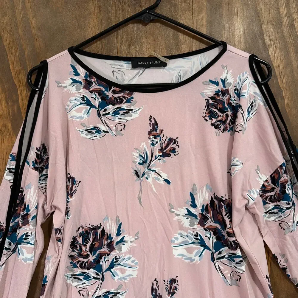 Ivanka Trump Womens Blouse Pink Cold Shoulder Floral Open Sleeve Stretch Small